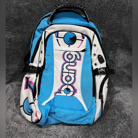 Discontinued Bang Energy Drink utility backpack blue and white travel bag